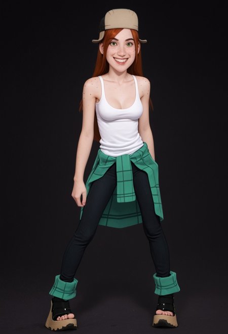 score_9, score_8_up, score_7_up, (ultra HD quality details), 
dark background, 
standing, posing for photo, looking at viewer,
1girl, Wendy, medium breasts, 
purple eyes, cute nose,
long red hair, hat,
green eyes, white sclera,
freckles,
long thin legs,
white tank top, jewelry, sweater around waist, black pants,
black platform shoes,
timid smile,