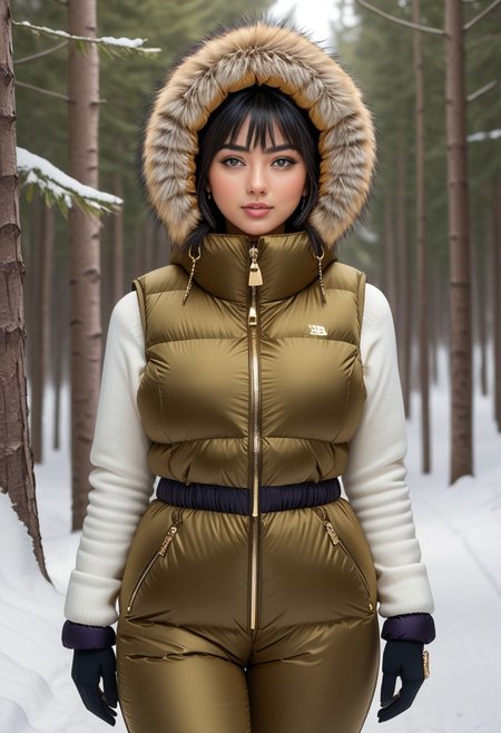 ((((puffer padded jacket)))), ((((puffer padded coat)))), ((((full body)))), ((((fur boots)))), ((((puffer pants)))), ((((puffer hood up)))), winter, snow, forest, 1girl, solo, (masterpiece), detailed face, detailed eyes, (beautiful detailed eyes:1.5), sidelighting, (super detail, hyper detail, intricate_details, detailed), (semi realistic:1.6), (Bob cut), blunt bangs,(black hair), (purple eyes, eyelashs), tanned skin, smug smile, angry face, Golden jewelery, golden rings, golden necklace, golden armlets, golden chains, padded collar, Thick padded collar, <lora:Collar-SDXL:0.6>, <lora:cropped_puffer_vest_v2:0.4>, <lora:snowpants_v1:0.4>