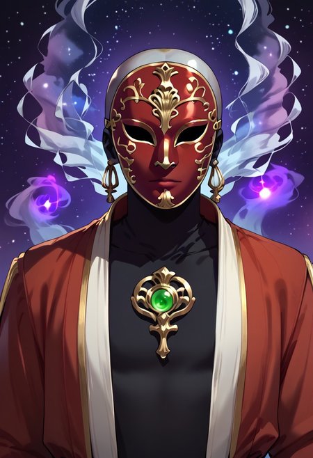 Score_6, score_9, score_8_up, score_7_up, score_6_up, source_anime, semi realism, masterpiece, detailed, ShadowPerson, <lora:ShadowPerson-000004:1>, colored skin, black skin, bald faceless, silhouette, best quality, masterpiece, 1boy, male focus, solo, upper body, high shot, (fantasy, sorcerer, wizard, cultist, undead, villain, evil, aura, magic, red robes, with high collar, silver chest plate, silver gantlets, green and gold metal pauldrons, jeweled pauldrons, ring, egyptian scarab pendant, bracelets, cuffs, open robe, long flowing robes, cosmic background, cosmic temple, no face, male face mask, masculine mask, with nose, with mouth, mask with contempt expression, ((silver mask over face:1.3)), white mask, , glowing eyes, easynegative, ng_deepnegative_v1_75t