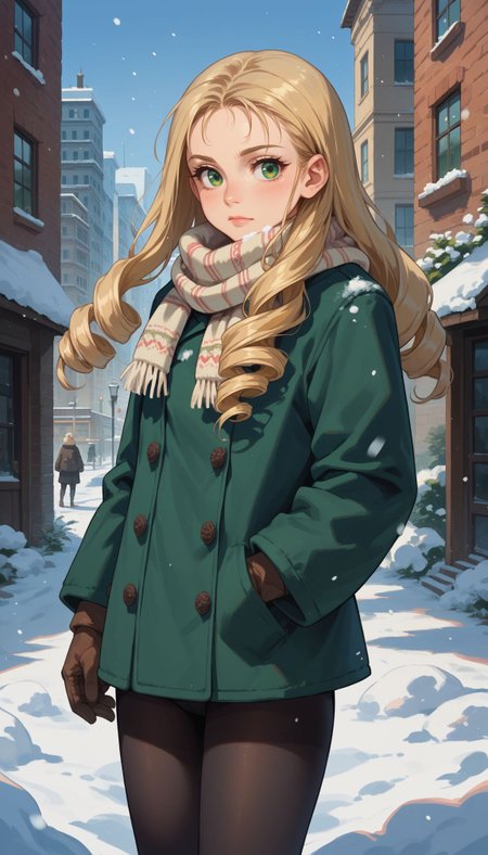score_9, score_8_up, score_7_up, score_6_up, , solo,
<lora:GUPMarie:0.8>,BBMarie, 1girl, long hair, blonde hair,  drill hair, green eyes,  winter clothes, scarf, gloves, black pantyhose, snow, outdoors, city, standing, cowboy shot