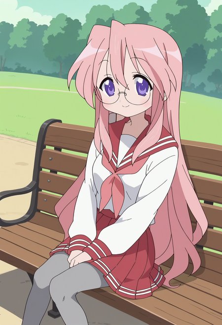 score_9, score_8_up, score_7_up, score_6_up, score_5_up, score_4_up , anime coloring ,BREAK source_anime, anime,screencap,
1girl, solo, lsmiyuki, 1girl, solo, school uniform, school shirt, sailor collar, pink neckerchief, grey pantyhose, glasses, red skirt, <lora:PonyXL LS Miyuki V2:1>
outdoors, sitting on bench,
smile, looking at viewer,