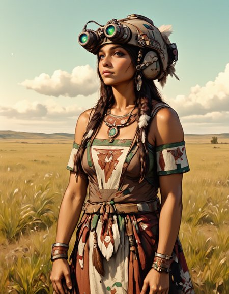 A woman in a traditional Native American dress, standing in the middle of a vast plain. She wears a modern military helmet with a matte brown finish, the surface adorned with intricate beadwork patterns. The helmet is equipped with two night vision gogglesâlong black tubes with glowing green lensesâthat sit above her eyeline, ready to be flipped down. The helmetâs communication device is seamlessly integrated, with small, discreet wires that blend with the helmetâs design. She stands with one hand holding a feathered staff, the other resting on her hip. The plain stretches out around her, the golden grasses swaying gently in the wind. The green glow from the goggles contrasts with the earthy tones of the landscape, creating a surreal, almost otherworldly element to the scene. Her expression is one of quiet strength, as if she is connected to both the ancient past and the modern future., ArsNijiStyle,