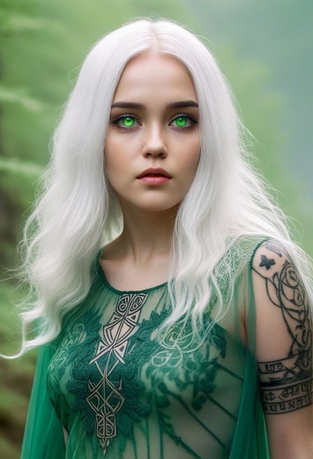 Beautiful woman, white hair, long hair, glowing green pupils, voluptuous, runic tattoos. sheer dress. full-body shot, legs. Standing in a hazy forest. River in background. Fixhand.