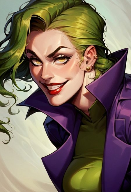 score_9, score_8_up, score_8_up, 1girl,
, joker the batman), pale skin, unnaturally white skin, green hair, red lips, piercing eyes, permanent smile, female joker, large breast, wide grin,green or yellow eyes, purple suit, purple coat, green vest