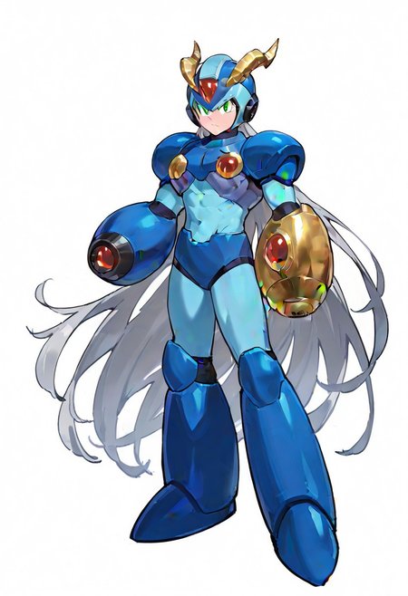 masterpiece, best quality, amazing quality, highres, high resolution, solo, score_9, score_8_up, score_7_up, 1boy, male focus, :green_eyes, blue_helmet, blue_armor, blue_bodysuit, white_gloves, blue_boots, arm cannon, very long hair, grey hair, large pectorals, ex kulve taroth alpha armor, gold horns, gold gauntlets, black knee boots, gold pauldrons full body,