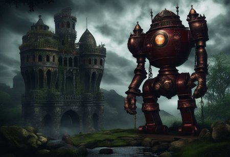 giant bipedal robot dirty dark red and dark green, bronze paisley robot. lacy robot metal kettle head. outside of a steampunk keep. large detailed torso. dark image. one forty foot tall ancient robot with great arms and two heavy spring legs. dark foggy night background. $dark foggy night image only. dark photo realistic image. steampunk details. cogs, chains and pipes incorporated in the fantasy buildings. magic wizards tower in background. Dark swamp, moss, castle ruins, wizards tower. stormy dark night.  stormy sky.