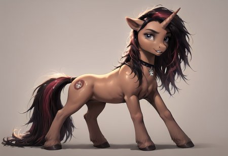 SFW, rating_all, score_10, score_8_up, score_7_up, beautiful, realistic, detailed, perfect, quality, vector, flat colors, masterpiece, ((Pito as a My Little Pony character)), 1female, Unicorn, colored fur, dark toned fur, colored mane, dark toned mane, grey eyes, baggy eyes, mischievous look, loose mane, looking at viewer, ((skullchoker)), tribal tatooes, full body