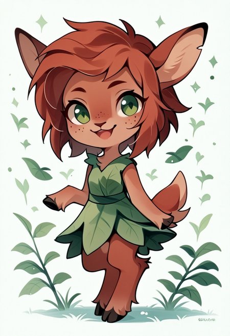 zPDXL3, score_9, score_8_up, score_7_up, score_6_up, score_5_up, score_4_up,
1girl, small breasts, solo, green eyes, animal ears, body fur, furry female, dark-skinned female, dark skin, freckles, hooves, red hair, deer tail, faun,  
forest,
acvillager, chibi, etfawn,