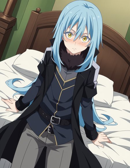 score_9, score_8_up, score_7_up, source_anime, <lora:rimuru-tempest-s3-ponyxl-lora-nochekaiser:1>, rimuru tempest, long hair, hair between eyes, blue hair, yellow eyes, androgynous,, long sleeves, open clothes, belt, pants, coat, black pants, buckle, black belt, open coat, black coat, belt buckle, grey pants,, indoors, bed, bed room, on side, blush, drunk, looking at viewer, solo,, cowboy shot, dutch angle