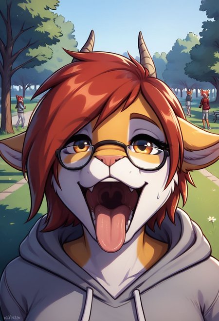 score_9, score_8_up, score_8, 1girl, smooth, anthro, glasses, red hair, highly detailed,  perfect, high quality, high definition, outdoors, park, detailed background, nature, people in background, grey sweatpants, hoodie, on knees, view from above, face focus, mouth focus, close up, detailed mouth, up close, mouth open, open mouth, tongue out, looking inside mouth, looking at viewer