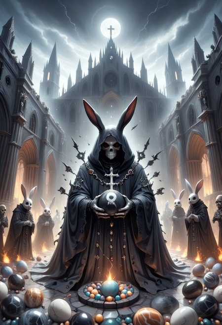 made of marbles, <lora:Marbles_World_r1:0.90>, A gothic necromancer made of veined black marble performing a dark Easter ritual, surrounded by floating marble eggs glowing with forbidden magic. A circle of undead rabbits stands around him, eyes lit with spectral fire. Baroque cathedral ruins in the background, stormy sky, dramatic shadows. dark fantasy, gothic, <lora:GothicDetailEnhancerV1:0.85>, <lora:add-detail-xl:0.45>,