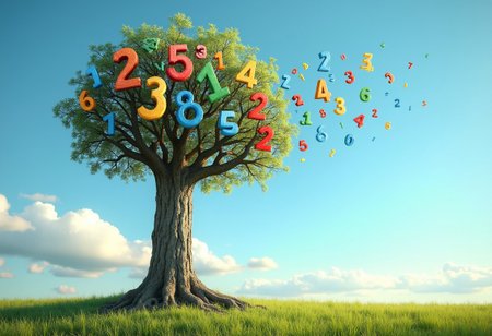 A professional photograph of a surreal, human-like figure standing in an open field under a bright blue sky, where the figure's head is replaced by a large tree. The tree’s thick, realistic trunk emerges seamlessly from the figure’s neck, with branches extending outward in place of a head. Instead of leaves, vibrant, colorful numbers grow from the branches, some hanging like ornaments, while others sprout directly from the wood. Smaller numbers float whimsically in the air around the tree-head, adding an ethereal touch. The figure’s body is grounded, with roots subtly trailing from the base, merging with the grassy field. In the background, soft clouds and a gentle horizon enhance the magical and imaginative atmosphere, blending the natural world with surreal elements