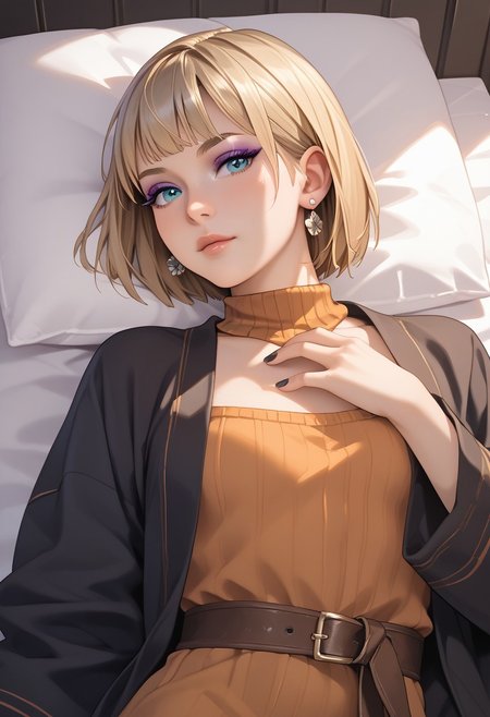 score_9, score_8_up, score_7_up, masterpiece,1 girl beautiful, Ashley Graham, beautiful face, (perfect body: 1.3), petite, small woman, (black satin robe), laying on a bed, short dark blonde hair, bobcut blue eyes, silver earrings, purple eyeshadow, beautiful cinematic lighting, aesthetic, full color, black fingernails
