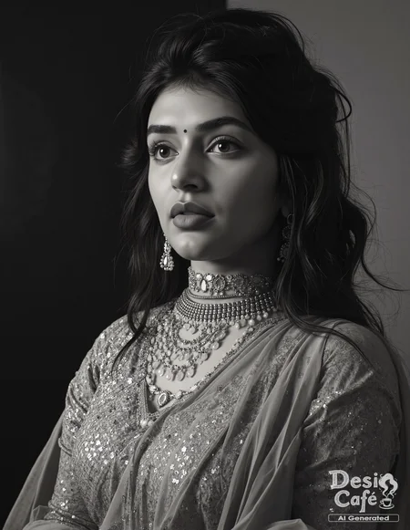 vintage still from black and white noir film photo of Sreeleela woman, hyper realistic photo that is safe for work, expression of wonderment with wide eyes, studio quality image, well dressed wearing intricate turtleneckBomkai Saree (Odisha traditional saree), hair styled as wispy fringe,muted shaded wallpaper background that contrasts with the person, cinematic lighting,âââââ <lora:Sreeleela_Flux_Kohya_V1-000005:1>âââ