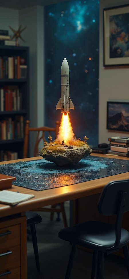 (indoor,very wide isometric view,tilt-shift lens:1.6), (A miniature diorama of:2.5) of (stasis _chamber:1.5), gradation,  gradation,(galaxy,milky way:1.3),  missile with flame at (floating island,levitating  island:1.5) on (table:2) at (study:2.5)  <lora:Diorama_Flux:1>