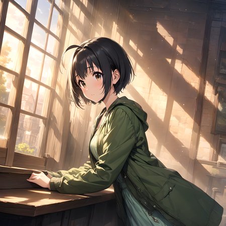 (masterpiece),(best quality),(ultra-detailed),(best illustration),(best shadow),(absurdres),(detailed background),(very aesthetic),  miho kohinata, 1girl, ahoge, short hair, black hair, solo, brown eyes, jacket, dress, window, long sleeves, bangs, from side, green dress<lora:Miho_Kohinata:1>