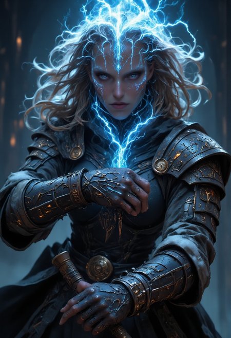 UHD 32k epic fantasy movie still, closeup portrait, photograph. beautiful angry blond Viking woman goddess of Thunder dynamic holding Mjölnir, lightning striking Mjölnir and she glows with lightning aura and blue lightning bio ink arcane tattoos mad-arcnsmbls, snow on medieval battle background, snowing, high action pose, correct digits, fantasy, impossible jump, epic scale, Stunning visuals, Texture, aidmafluxpro1.1, Cinematic style, Beauty, Realism, Photorealism, Chiaroscuro, High quality, vikingpunk, viking_punk, ArsMJStyle
