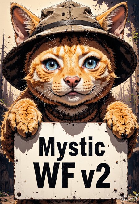 MyscticComic, An orange mainecoon cat wearing a hat, holding a sign with his flufly pawns that has the text: "Mystic WF v2"<lora:CustomFlux/MysticComic-v2.safetensors:1.0:1.0>