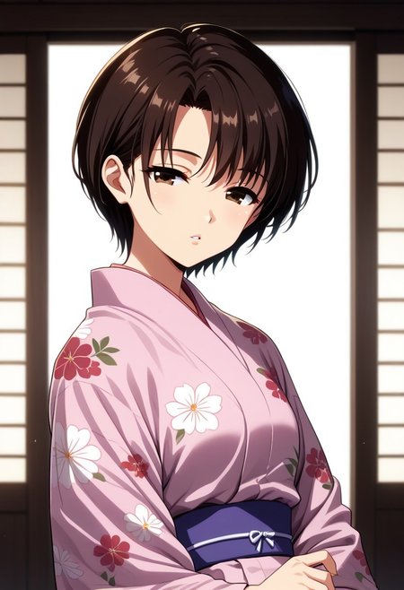 (solo:1.0) score_9,score_8_up, newest,beautiful eyes, beautiful hair, beautiful skin, cinematic lighting, aesthetic, rating, sensitive, side view,   
,Maya Ibuki, , brown eyes, dark-brown hair, asymmetrical bangs, short hair, undercut hair, skinny, small breast,
yukata, floral printed yukata, pink yukata, flowers, looking at viewer, parted lips, tilt head, looking at viewer, half-closed eyes, , shiny skin,