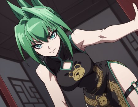 score_9, score_8_up, score_7_up, source_anime,
juntao, <lora:jun-tao-2021-s1-ponyxl-lora-nochekaiser:1>,
jun tao, green eyes, green hair, hair between eyes,
animal print, bear print, black dress, china dress, chinese clothes, dress, air, hip vent, panda print, side slit, sleeveless, sleeveless dress, thigh strap,
indoors, bent over, smile,
looking at viewer, cowboy shot, solo, dutch angle