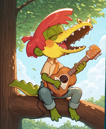 <lora:ArloIllustrious:1> Arlo Beauregard, alligator, red hair, freckles, young, scalie BREAK
sitting on a tree branch, playing a banjo guitar, musical instrument, overalls, yellow shirt, orange strap, closed eyes, open mouth, facing up, raised hand, stretched legs, BREAK
<lora:spo_sdxl_10ep_4k-data_lora_webui:1> highly detailed, detailed background, absurdres, high resolution, 8K, highres, 4k, 2k, high detail, masterpiece, best quality, amazing quality, very aesthetic, absurdres,  newest, scenery, ultra-detailed, newest, scenery, volumetric lightingâââ
