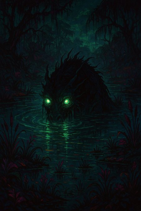 A secluded pond in the Wetlands, its surface disturbed by the emergence of a mythical beast. The creature's eyes emit a powerful green light, casting an otherworldly glow on the surrounding flora., 



dark magic punk aesthetic, dark fantasy world combines grim landscapes with vibrant, exaggerated colorful art, immersive vibe
