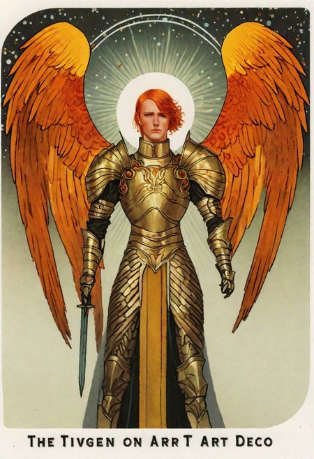 ((art deco)), art by Seb Mckinnon, beautiful man in elegant armor, groom, red hair, halo, (red angel_wings), golden skin, jewelry, golden arc, fiery sun, 5wings