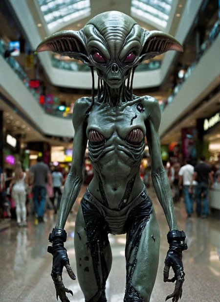 dark alien species fashion hooker in a mall, highly detailed, torn, dirty <lora:alien-species:1>