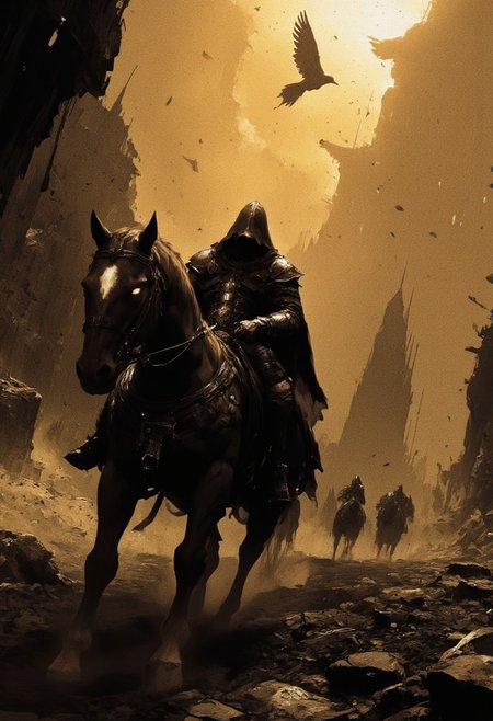 highly detailed and hyper realistic and dynamic. This is a high-contrast, atmospheric monochrome photograph with gold hues, capturing a lone, hooded figure riding a dark horse through a misty, post-apocalyptic landscape. The rider, shrouded in shadows and his eyes are glowing  adding a sense of danger. The background features crumbling stone structures and scattered debris, enveloped in dense fog. A single bird soars in the sky above, adding a touch of life to the desolate scene. The camera angle is low, emphasizing the imposing and eerie atmosphere. The overall lighting is dim and moody, enhancing the sense of isolation and desolation.