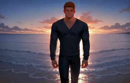 <lora:Lifeline_Style_V2_Illu_Edition-000015:1>, (llv2-illu), ((standing with one hand on a nearby object and one leg slightly bent, ocean, v-neck sweater, ginger hair, dusk, Extreme close-up))
looking at the viewer, cowboy shot, 
(very short hair, beard, bara, mature, facial hair, stubble, beard, full beard, sideburn, beard, a lot of beard, ), facial hair,male focus, muscular male, muscular male, bara, mature,  bara, mature, aixiwuganda_(20222192), very awa, masterpiece, best quality, absurdres, newest, perfect quality, detailed background, intricate details,
<lora:slider_Body Type_alpha1.0_rank4_noxattn_last:3><lora:Anime Summer Days 2 Style SDXL_LoRA_Pony Diffusion V6 XL:.6><lora:slider_cfg_scale_boost:.7><lora:Artist6p:.55>, Artist6p, Artist04p,<lora:slider_il_brightness_slider_d1:-1><lora:slider_il_contrast_slider_d1:-1><lora:slider_DarkSlider1.2_alpha1.0_rank16_full_300steps:-.6>