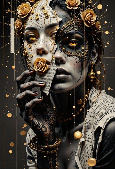 A surreal and abstract portrait blending digital and analog textures, featuring a mysterious woman with an ethereal, otherworldly presence. She holds a smooth porcelain mask half-covering her face, its surface delicately adorned with intricate golden roses, their shimmering petals catching the light like precious metal. Her piercing, glowing golden eyes shine through the fragmented layers, exuding a sense of mystery and divine allure. Surrounding her are jagged, glitch-like fragments and torn newspaper textures, blending tactile and digital aesthetics into a disjointed yet harmonious composition. Layers of glitch art, fragmented text, and metallic streaks dominate the background, enriched by veins of radiant gold highlights that weave through the scene like threads of light. Scattered golden rose petals float through the air, their delicate form contrasting with the gritty, smudged textures and deep monochrome tones of black and grey. The interplay of gold and shadow creates a surreal, cinematic ambiance, elevating the composition with a sense of timeless beauty and fragile elegance. <lora:aiai-Glimra-Flux-Dev-v2.safetensors:0.5>,  <lora:aidmaGLOW-FLUX-V0.1.safetensors:0.5>,  <lora:boFLUX digital-abyss.safetensors:1.0>,  <lora:boFLUX AbstractMorph.safetensors:0.85>,  <lora:Glitchcore_Flux.safetensors:0.5>,  <lora:Dieselcore_Flux.safetensors:0.25>,