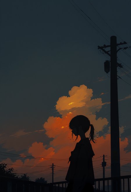 kodoku, 1girl, solo, dark, railing, sky, outdoors, ponytail, power lines, sunset, cloud, utility pole, silhouette