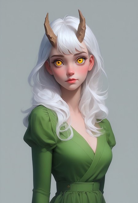 score_9, score_8_up, score_7_up, BREAK beautyfull color, aesthetic, 2d, Casgas, BREAK 1girl, solo, twisted ram's horns, freckles, white hair, long bangs, golden eyes, vertical pupils, pale skin, green dress, BREAK dramatic lighting, medium shot, half-sidways view