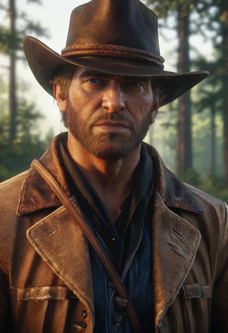 score_9, score_8_up, score_7_up, portrait, zy_arthur, 1boy, facial hair, solo, hat, manly, cowboy hat, shirt, jacket, forest, western, depth of field, highly detailed, high contrast, film grain, Rim Lighting , <lora:zy_Arthur_PonyRealism_v1:0.7>