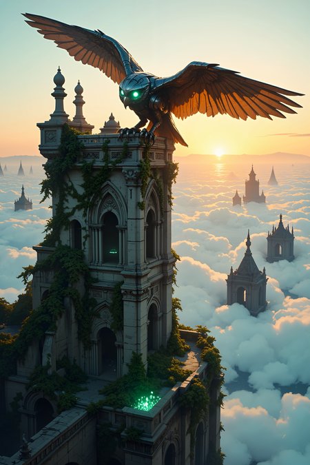 High above the clouds, on a floating island covered in ancient, overgrown ruins, a giant mechanical owl with glowing emerald eyes perches silently on the edge of a crumbling stone tower. Its massive wings, made of interlocking metal feathers, glint in the fading light of a distant sun that hangs low on the horizon, casting a warm, golden glow over the island. The air is thin and crisp, with the occasional gust of wind causing the overgrown vines that wrap around the tower to sway gently. Below, the endless sea of clouds stretches out in all directions, reflecting the vibrant colors of the setting sun in soft, pastel hues. The owlâs eyes scan the horizon, ever watchful, as tiny sparks of energy flicker between its metallic feathers. Surrounding the island, other floating landmasses drift lazily through the sky, their surfaces dotted with ancient, crumbling structures and strange, glowing crystals. The faint sound of distant wind chimes echoes across the landscape, carried on the breeze from some long-forgotten shrine hidden among the ruins. The scene is one of quiet majesty, where ancient technology and nature coexist in perfect harmony above the world below. , detailed background  Fantastic lighting. Detailed shadows.intricate details, vivid colors, hyper-detailed, ultra-sharp  <lora:Dark_and_sentimental v1.0:0.75><lora:FluxMythG0thicL1nes:0.6>