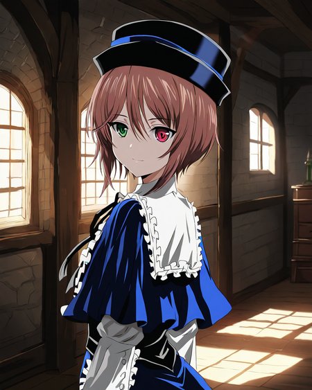 SouseisekiRozenMaiden,
1girl, solo, from back,
hat, short hair, brown hair,
green eyes, heterochromia, red eyes,
light smile,
blue capret, white collar, neck ribbon, blue dress, 
room, medieval interior,
<lora:kp_SouseisekiRozenMaidenAnimagineXL_v1_0:1.0>,
BREAK
masterpiece, best quality, absurdres, 
ultra-detailed, moody lighting,
depth of field,