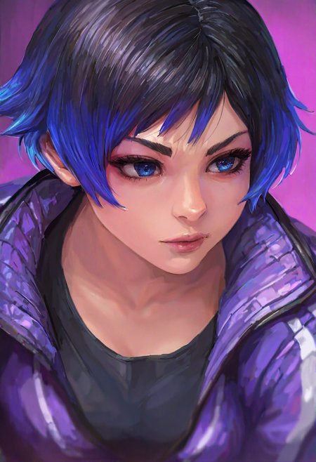 1girl, solo, reina \(tekken\), purple jacket, black shirt, depth of field, purple background, depth of field, gradient hair, 
masterpiece, best quality, <lora:miche-guy90-Illust-Lycorisv1:1>, miccceh