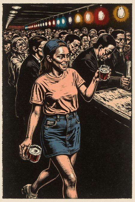 kako1 black and white woodcut print. The air buzzes with the energy of a busy bar, a mix of music, conversation, and the clinking of glasses. A barmaid, the embodiment of youthful vibrancy, navigates the lively scene. She wears a peach-coloured T-shirt, the soft fabric contrasting with the smooth, cold glass of coke she carries on a small tablet. Her short skirt adds a playful touch, and a backwards baseball cap hints at a carefree attitude. The setting and atmosphere are palpable: the warm, slightly sticky surface of the bar counter under her fingertips, the dim, colourful lighting that casts playful shadows. Sensory details are abundant: the condensation forming on the glass of coke, the texture of her denim skirt, and the way the bar lights catch the highlights in her hair. Her confident stride, her quick smile, and her efficient movements. Stylistically, the image draws inspiration from the vibrant, candid shots of nightlife photographers, with a touch of the stylized realism found in contemporary illustration. There's a deliberate contrast between the barmaid's youthful energy and the slightly worn, lived-in atmosphere of the bar, creating a dynamic and engaging image.  <lora:kako3_woodcut_cap_d6a3e11:1.0><lora:817675045167112670:0>