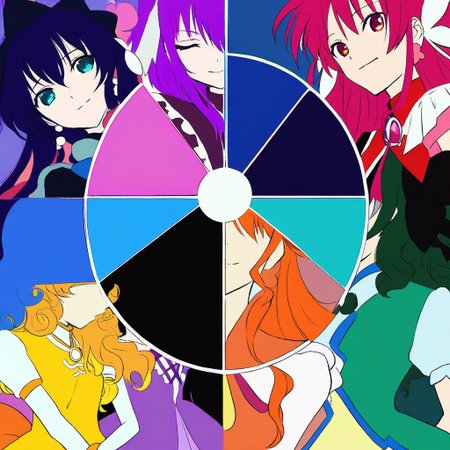 masterpiece, best quality,
source_anime, deep colors, 
high quality, high resolution, detailed, highres, highly detailed, intricate details, 
(color_wheel_challenge:1.2), multiple girls, magical girls, mahou shoujo,
red hair, pink hair, orange hair, yellow hair, green hair, cyan hair, blue hair, purple hair, violet hair, black hair, 
red dress, pink dress, orange dress, yellow dress, green dress, cyan dress, blue dress, purple dress, violet dress, black dress,