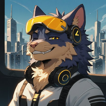 (score_9, score_8_up, score_7_up), source_furry, source_anime, sci-fi, futuristic, (australian shepherd:0.8), cat, whiskers, blue fur,  narrowed eyes, yellow eyes, wink, male, three-quarter portrait, three-quarter view, facing away, looking at viewer, side view, solo, furry, fur tuft, neck tuft, chest tuft, spacesuit, (protogen visor:0.8), (expressive mask:0.8), grin, smug, yellow visor, headphones, city background, cyberpunk, flat color, (tr1tscr1ts)  <lora:Tritscrits_Style_PonyXL-000001:1>
