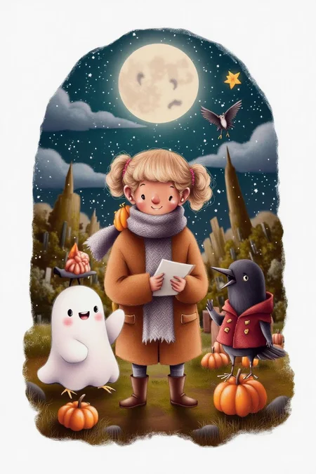illustration. 
A young girl with light brown hair styled in pigtails, dressed in a cozy, oversized brown coat, a gray scarf, and brown boots. She is holding a piece of paper and appears to be reading, with a gentle, curious expression. There is a friendly happy white ghost standing on the left. There is a anthropomorphic crow wearing a red coat on the right. There are pumpkins on the ground.
 <lora:alicesa1_cap_d6a3:1.0><lora:830702535674276930:0>