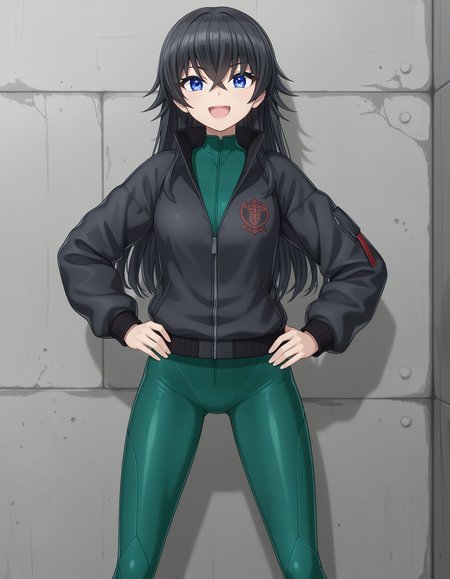 1girl, solo, hagane otsuki, black hair, long hair, hair between eyes, blue eyes, smile, excited, open mouth, Otsuki_Training, green bodysuit, bare hands, black jacket, zipper, standing, hands on hip, concrete wall, straight on, light theme <lora:hagane_otsuki_ilxl_v1:0.7>