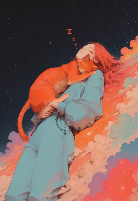 masterpiece, best quality, very aesthetic, absurdres, 1girl, solo, long hair, laying, closed eyes, red hair, light_blue jumpsuit, orange hair, sleeping, hugging orange cat, starry sky, zzz, floating on cloud, 69yottea_style_illu, vdsur, surreal, colorful background