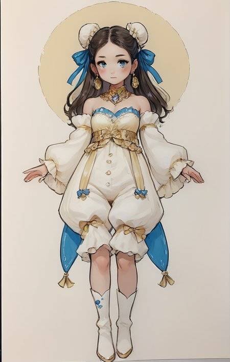 score_9, score_8_up, score_7_up, score_6_up, score_5_up, score_4_up,
 <lora:OverDesignedGirls:.7>
1girl, bare shoulders, bloomers, boots, breasts, detached sleeves, double bun, earrings, hair ribbon, jewelry, long sleeves, puffy sleeves, ribbon, sleeves past fingers, sleeves past wrists, solo, standing, traditional media