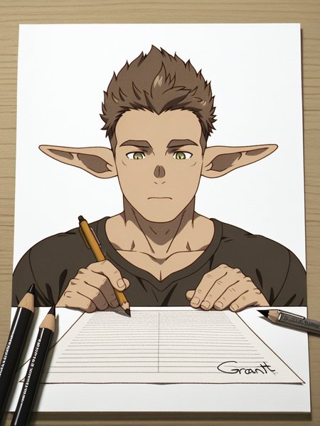 Kraft, green eyes, brown hair, short hair, pointy ears, 1 boy, solo, male focus, bara, masterpiece, best quality, amazing quality, graphite (medium), {{monochrome}, }, paper, art tools in frame, pencil, traditional media