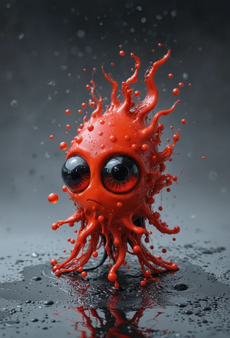 In a cool grey-toned background, a splash of bright crimson red paint with large shiny cartoony black eyes, surrounded by lighter red embers, its body and tendrils have a glossy dripping quality with tiny bubbles and dynamic splashes that give a sense of movement, frozen mid-splash, <lora:xl_more_art-full_v1:0.4>, <lora:add-detail-xl:1>, <lora:MJ52:0.4>