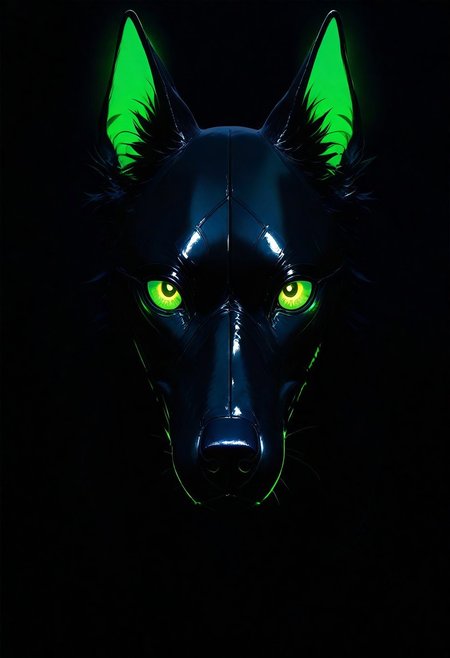no humans, black dog, glowing green eyes, looking at viewer, dark night, shiny, reflection, dark, masterpiece, best quality, very aesthetic, very awa, newest