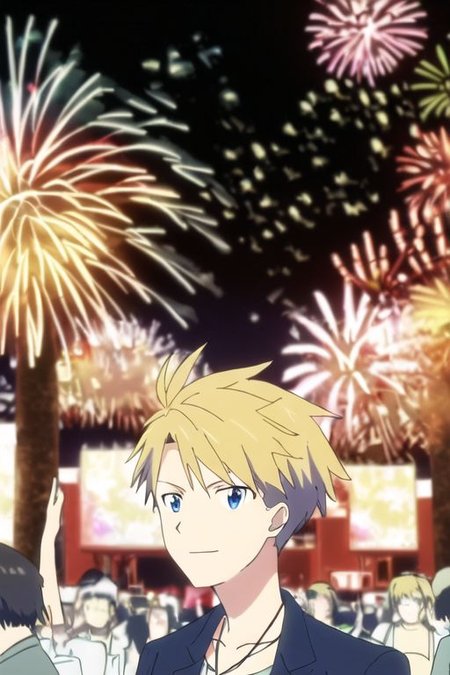 high resolution, professional photography, solo, best quality, 1Boy, Yamato Ishida, Blond Hair, Deep Blue Eyes, Necklace, festivals, nights, fireworks, crowds, happy, OverallDetail