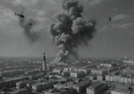 <lora:Smoke_XL:1>, middle shot, modern Ukrainian bombed out city with churches, helicopters overhead,  in the form of smoke_xl