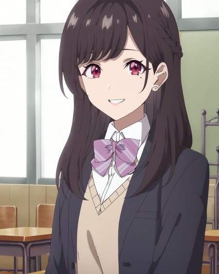 score_9, score_8_up, score_7_up, source_anime, masterpiece, perfect lighting, in a classroom,
<lora:Maria_Kurose:1>Maria Kurose, mole under eye, long hair, bangs, braid, black hair, red eyes, hair behind ear, large breasts,
directly facing the viewer, looking at the viewer, gentle smile, mouth open, teeth, upper body,
School uniform, striped bow, bowtie, white shirt, collared shirt, plaid skirt, kneehighs, white socks, shoes, blazer (optional)
